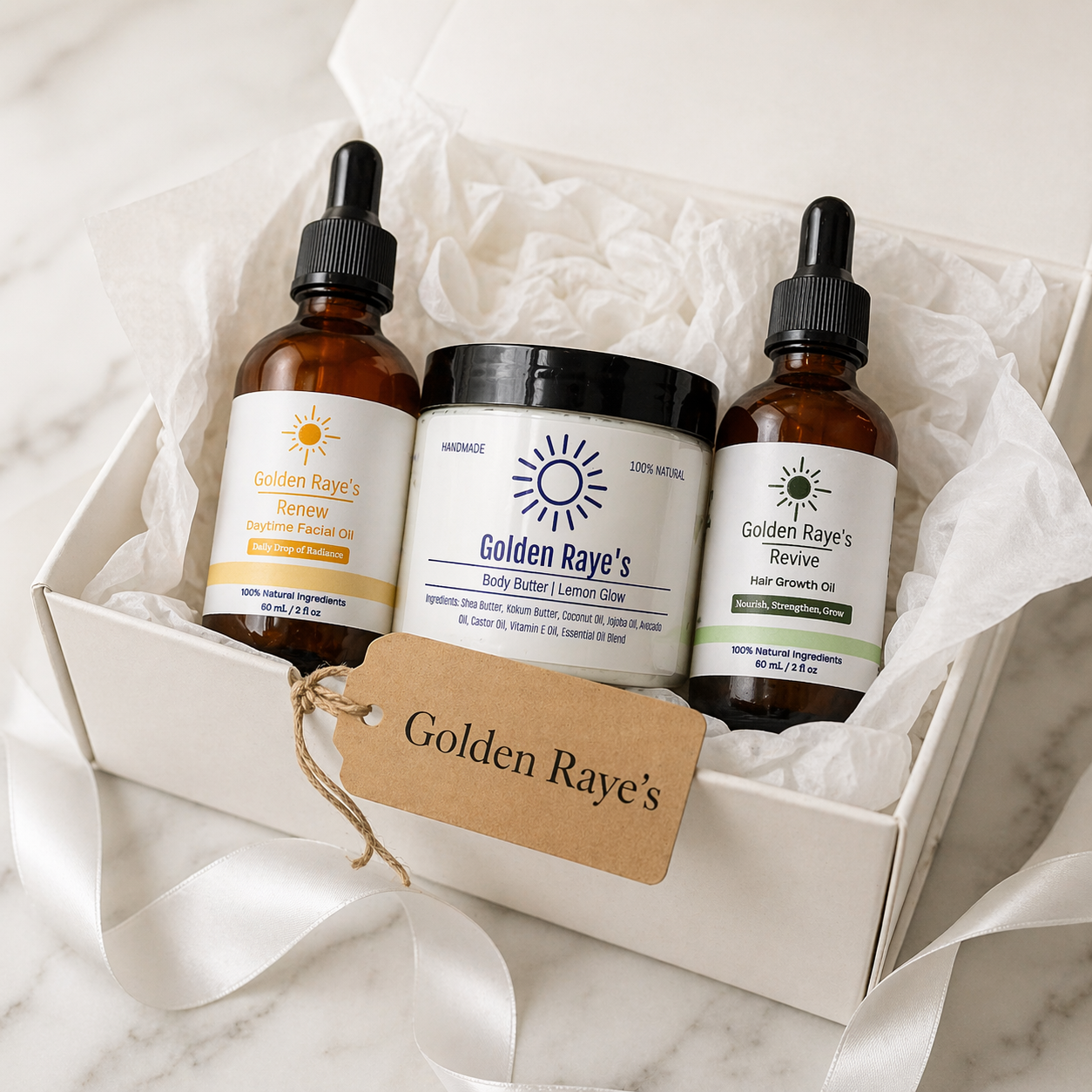 Glow Trio gift set with body butter, facial oil, and hair growth oil