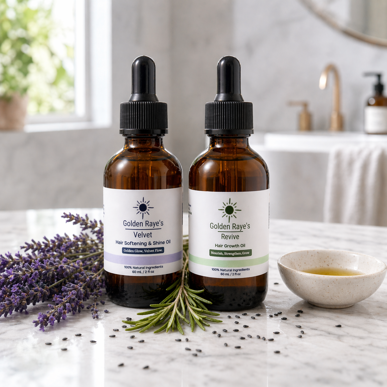 Golden Raye's Root to Tip natural hair care bundle with Revive and Velvet oils