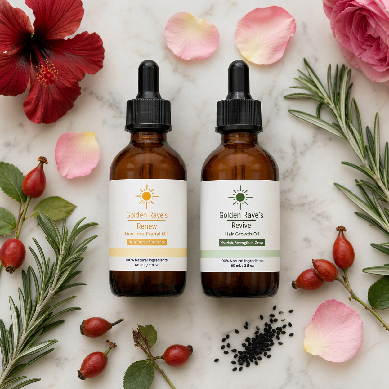 Golden Raye's Renew and Revive natural facial oil and hair growth oil duo
