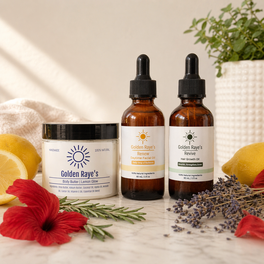 Golden Raye's Glow Trio natural body, face, and hair gift set