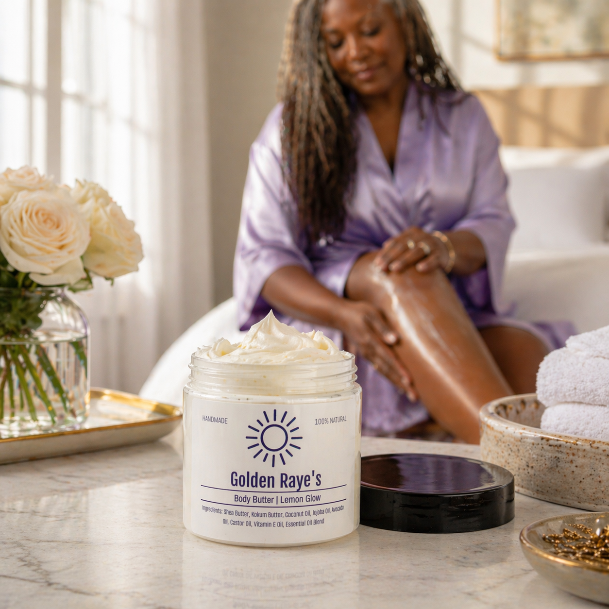 Whipped body butter with shea and cocoa, lemongrass and lavender scent